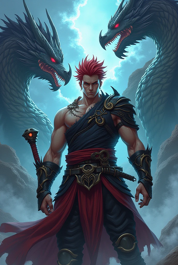 Top quality, Photorealistic, 8K, High Definition, absurd res, high res, ultra sharp, masterpiece, (masterpiece), best quality, expressive eyes, perfect face, Super eyes, masterpiece, highly detailed exquisite character art, epic fantasy digital art style, detailed digital 2d fantasy art, beefy male tiefling, sexy male tiefling, dad body, muscular body, red skin, horns, devil, tail, handsome tiefling male, red complexion, campsite with party members, shiny abs male, wet, nature,