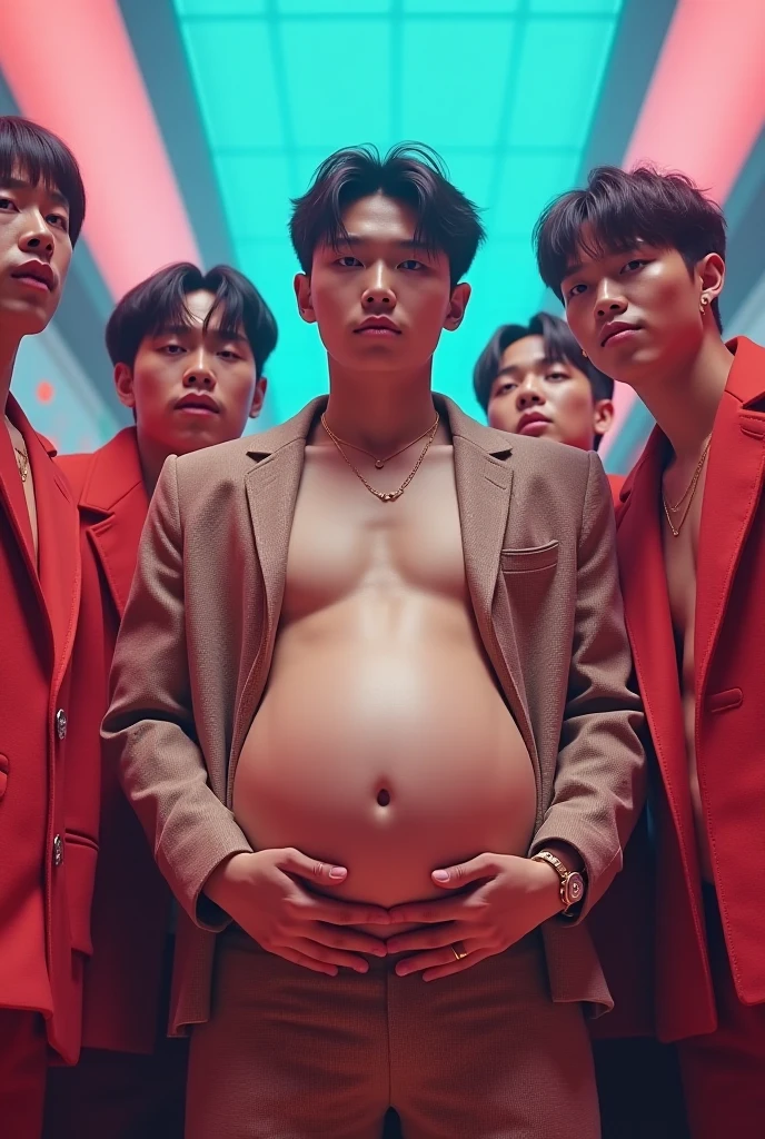 Five handsome men、、Japanese、Mash Hair、Completely naked、Full nudity、erection、Huge penis、Huge bulge、On stage、Sad look、Red thin-strap swimsuit、The swimsuit has a round number tag attached to it.