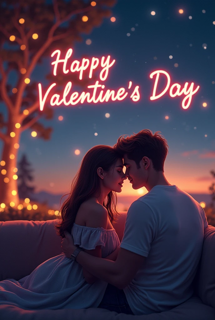 Create a realistic 3D illustration of A Man and Woman are celebrating Kiss Day. The man gave a kiss to the woman. The name of the man is Ali and the woman's name is Sanila written on their T-shirts in bold and capital. The background colour of the wall is with roses and "Happy Romance Day" will be written on the wall with neon effect also some gifts and rose tulip leaf spread on the ground