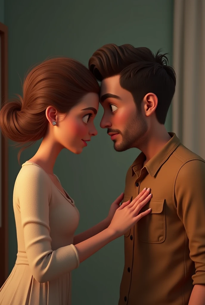 A sad georgous girl with brown hair on a wheelchair and her handsome boyfriend at home,  pixar style, cinematic, masterpiece, high-aesthetic,  realistic 