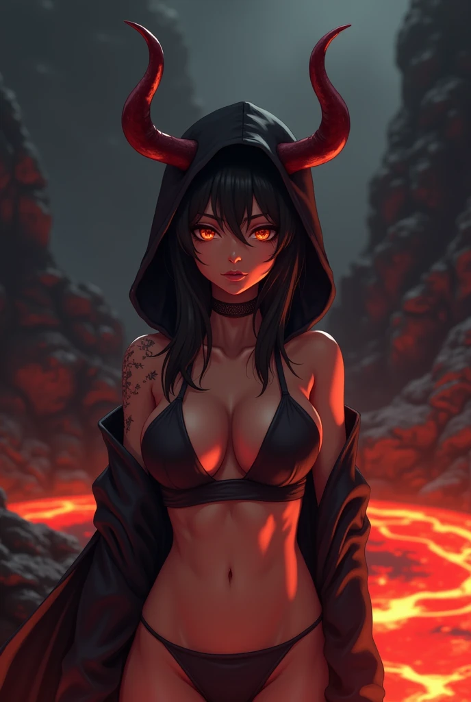 ( (((Majestic, Terrifying, female Lava Demon))), (Volcanic, Infernal, Creature), (Dark, Scarlet, Skin), (High resolution, 8K Wallpaper), Textured, Sculpted Muscles, Vibrant, Glowing Eyes, Sultry, Smoky Breath, Fire, Magma, (Two horns, Tail coils), (Sensitive, Lava Skin), Showcasing, Detailed Facial Features, Charred, Craggy Complexion, (Dynamic, Dramatic Lighting), Smoldering, Epic, (Masterpiece), Lava, Volcano, Molten,