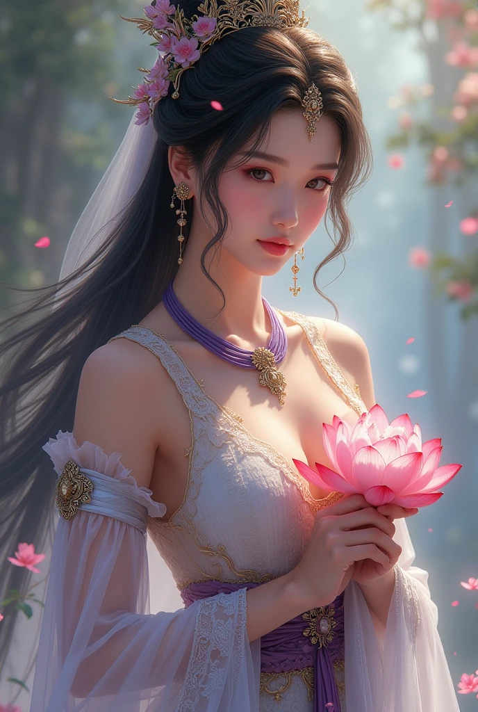 Close-up of a woman in sexy transparent lace armor made of white gold with a plunging neckline, big breasts and lotus flower in hand, Jewelry on the head, purple necklace, Jade Belt , Tinted abs, fair empress fantasy, ((fair empress fantasy)), beautiful celestial mage, Beautiful character art, Whole body xianxia, portrait knights of the zodiac girl, Ian J., G Lullian art style, fantasy art style, angle