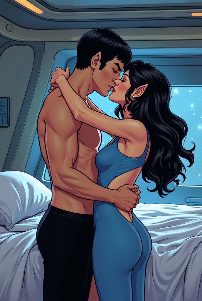 ((La mejor calidad)), ((Obra maestra)), (Detallado), Cara perfecta. Two teenagers kissing naked in the bed of a spaceship, one of them is caucasian, tiene ojos avellana, wavy brown hair, small breasts. La otra chica es rubia, ojos azules, pechos grandes.