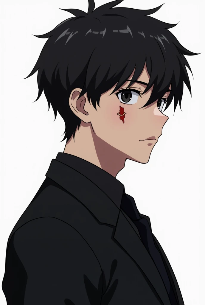 Anime boy, face image, black hair, white skin, gray eyes, red neck on face black background