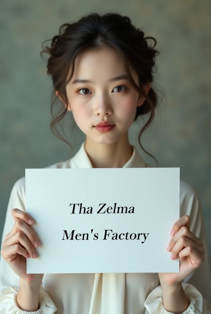 A beautiful girl holding a white board that says Tha Zelma Men's Factory