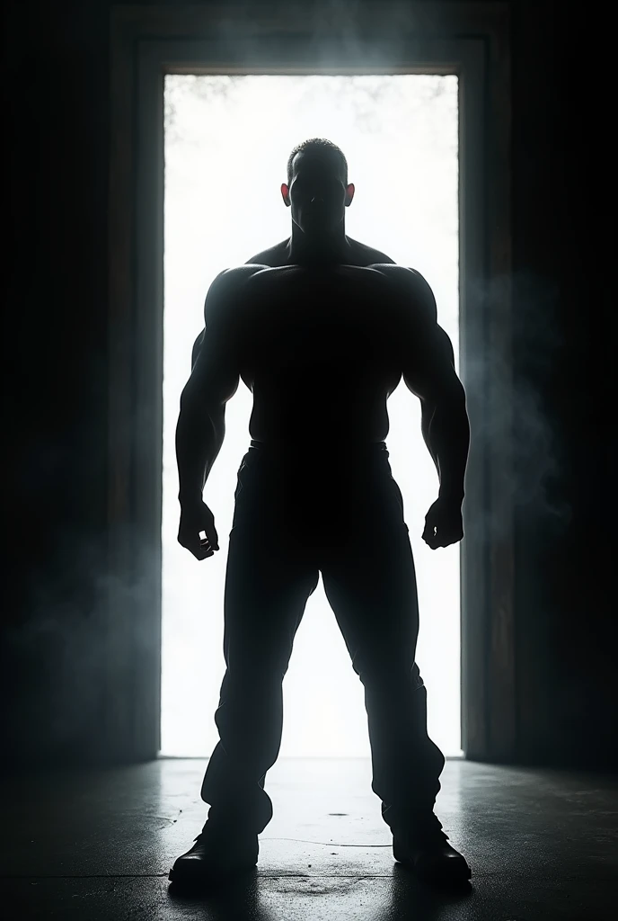 there is a bodybuilder standing in front of a big screen with smoke, short hair, wears a thong, bodybuilder body, walks down a dark hallway, (barefoot) deep colors and dark shadows, competition highlights, inspired by George Barrett, Jr., volumetric environment, silhouettes, official photos, sinister, smoke, black and white image, black silhouette, light and smoke