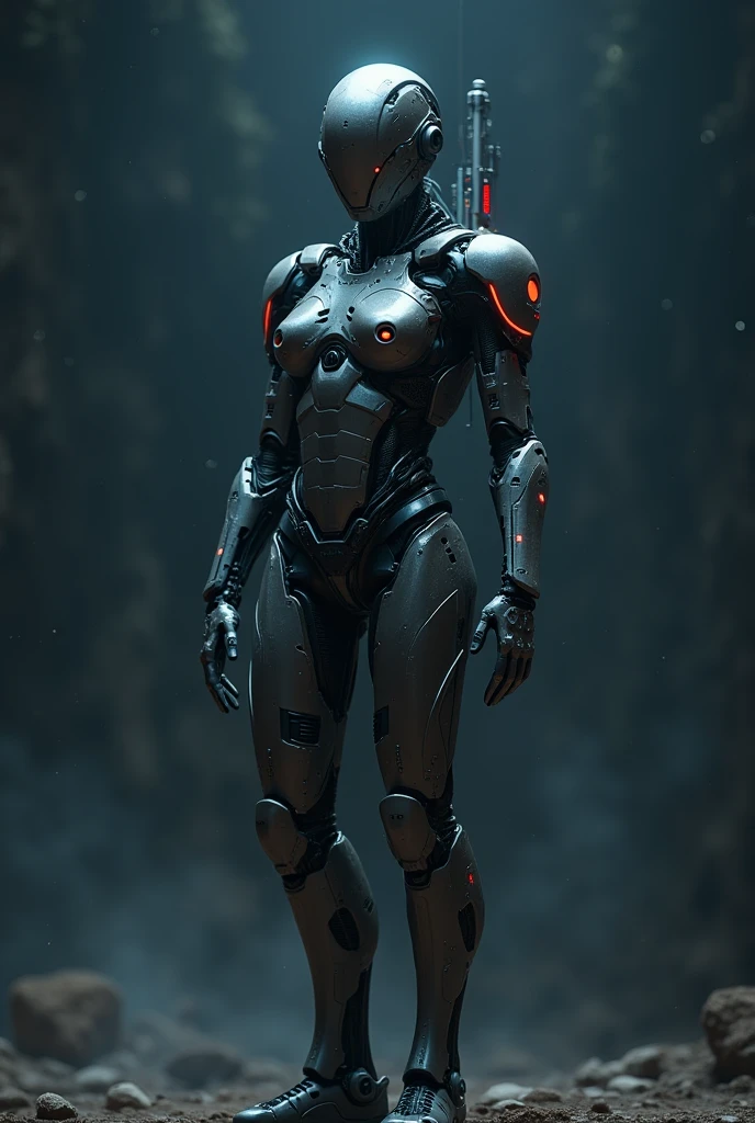 Gynoid with full metallic body。Future Combat。Scary eyes。A female battle droid, but sexy。