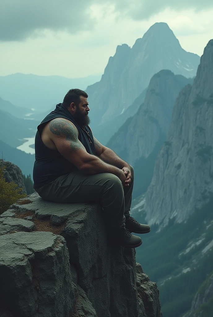 Generates a very strong and fat sad bald man with his back sitting on a mountain during a storm