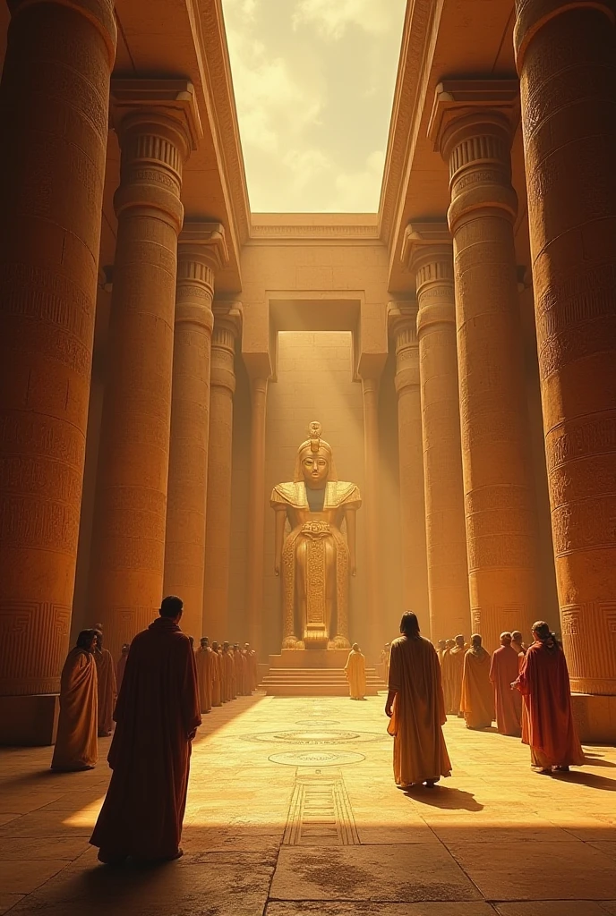 an awe-inspiring scene set in a vast desert, where towering, two ancient statues of Egyptian pharaohs are carved into a grand rock and gold façade, the statues are intricately detailed, depicting regal figures seated majestically, each wearing a tall, ornate headdress. Between the statues, a mysterious soft blue glowing portal emits a soft, ethereal light. In the foreground, very few travelers dressed in ancient Egyptian traditional desert garb stands at the base of the steps, gazing up at the monumental structure with a sense of reverence and wonder. The scene is bathed in the warm, golden light of the setting sun, casting long shadows and highlighting the textures of the stone and sand, Hyper realistic, splash art, concept art, mid shot, intricately detailed, color depth, dramatic, natural cinematic light, colorful background, highly detailed, 8k sharp focus, photorealistic, shallow depth of field, golden ratio