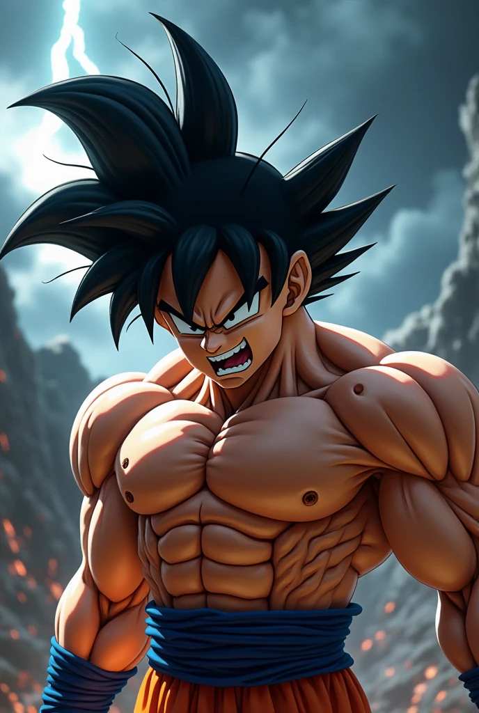 **Setting: A starlit night sky.**
Goku stood amidst the silence, his eyes blazing with fury. His fists clenched tightly as he looked up at the twinkling stars. The serene night was a stark contrast to the storm of emotions raging within him. His aura began to flare, a testament to the intensity of his anger, illuminating the dark landscape around him. The peaceful night was about to witness a power unlike any other, as Goku's rage reached its zenith under the starlit sky.