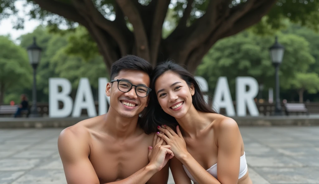 Medium shot of a 35 year old indonesian man, fit body, ideal body, oval face, white skin, nature skin, medium hair, wearing a shirt , side by side with a 30 year old indonesian woman with, pink crop top, they smile facing the camera, eye to camera, eye level angle with City view in the background