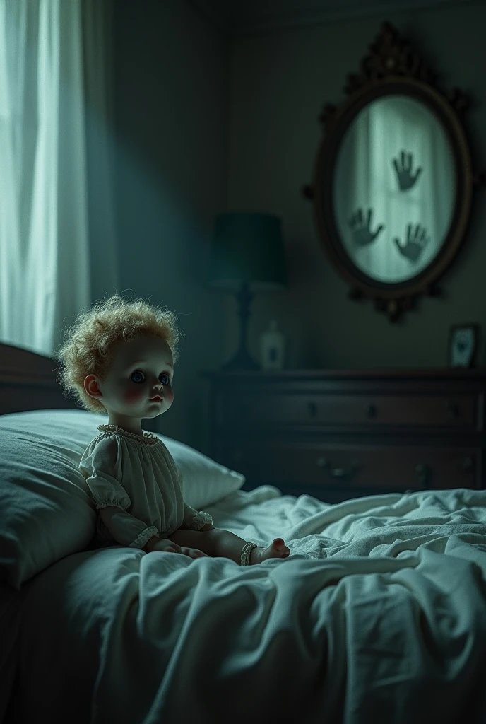 Horror doll returns to the Ayesha's bedside and gently places her tiny hand on Ayesha's head. Ayesha's eyes begin to flutter open, revealing her surprise."