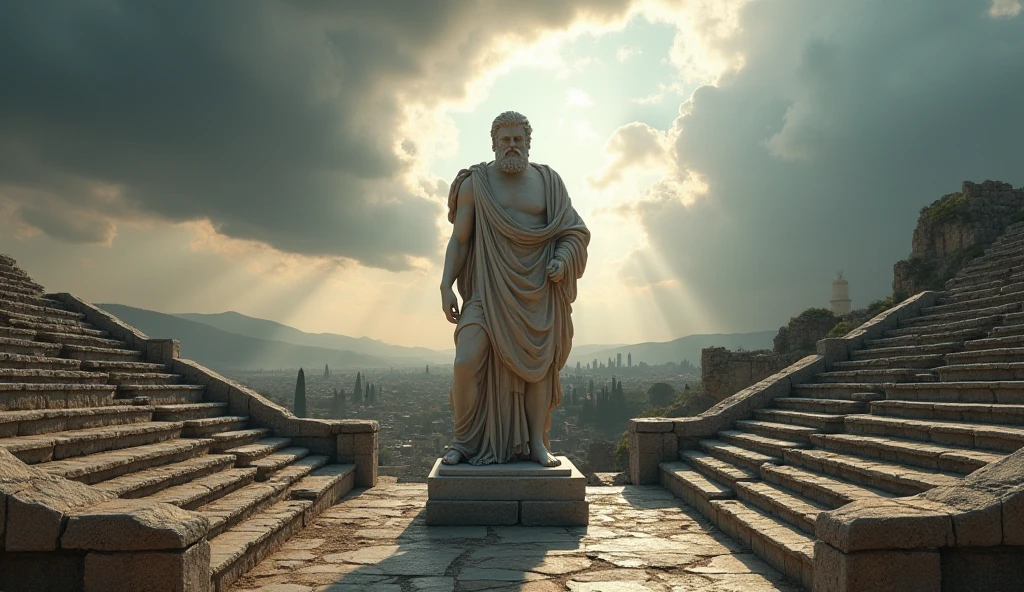 A colossal statue of Epictetus placed at the center of an ancient Roman amphitheater. His muscular form, draped in flowing robes, reflects strength and resilience. Surrounding him are rows of empty marble seats, and beyond, the ruins of the city stretch toward the horizon. The dramatic sky above is filled with storm clouds breaking apart, revealing a glimmer of sunlight, symbolizing hope through struggle