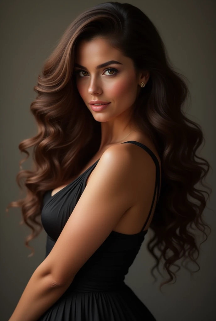Long hair with long and large waves up to the buttocks　lingerie　Brown hair　Colossal tits　A big smile
