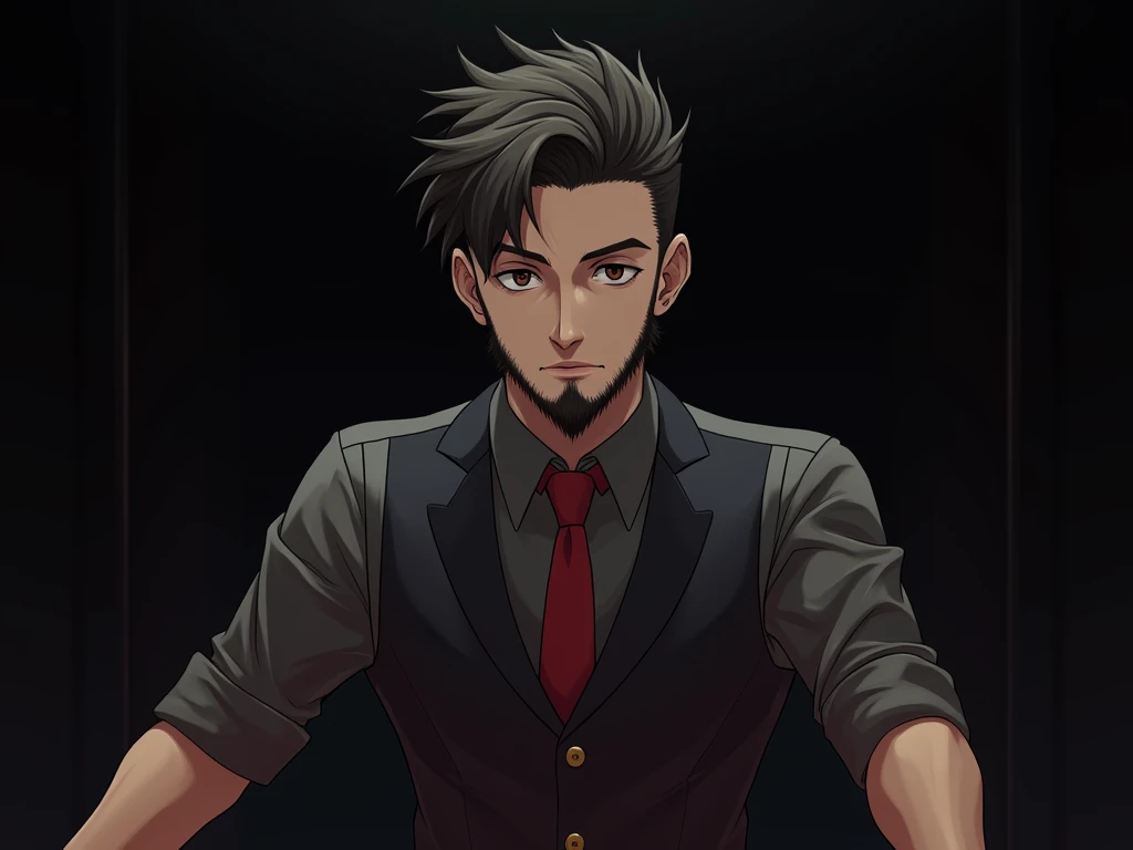 Pixel aRt of man weaRing black formal suitand red cravat, #pixelaRt:3, lofi poRtRait, estilo anime plano, sombreamento estilo anime plano, # pixelaRt, #pixelaRt, /R/pixelaRt, anime style chaRacteR, visual novel spRite, em estilo anime, poRtRait pixel aRt dRawing, jovem anime homem, pixelaRt, cabelo preto, black hair, spiky hear, visão de frente, stading, olhando para a frente, details eye, young man 20 years old, young man, have red shining eyes, he sets on a comfortable traditional seat, background is in a cozy living room in wooden log house with fireplace, snowy winter outside