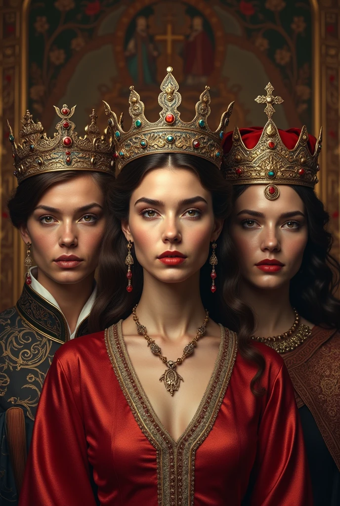 17-year-old-girl, who has olive skin, long black and red straight hair, red eyes, long trailing black and red corseted dress, rude, medieval, in palace, princess, jewelry, servants in background, other royals in the background, in a royal court, fully dressed, sitting on a throne, masterpiece, best quality.