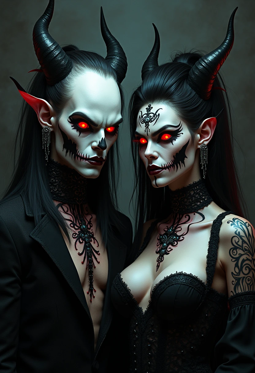 pair of subjects centered, full body portrait, male and female, in the style of dark horror, psychedelic manga, zombies in love, gory, grotesque, bloody, scary, demonic, sensual, i can't believe how beautiful this is, conceptual art pieces, thick paint, celestialpunk, realistic, Automatic1111, High Res Fix, 4x upscale