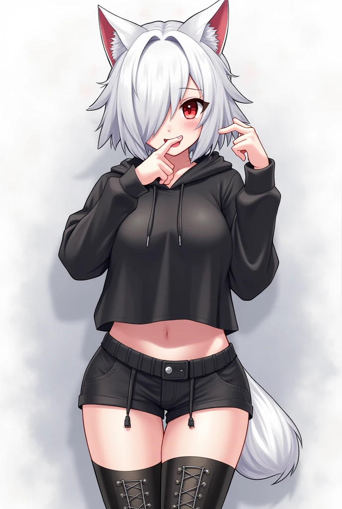 _asura style, 1girl, virtual_youtuber, animal_ears, solo, shirakami_fubuki, tail, shirt, fox_ears, fox_girl, skin_fang, fox_tail, long_hair, breasts, white_hair, hairband, looking_at_viewer, ahoge, fang, bangs, hair_between_eyes, black_shirt, underwear, open_mouth, animal_ear_fluff, panties, sitting, sidelocks, cleavage, blush, white_background, black_panties, off_shoulder, simple_background, smile, black_hairband, knees_up, t-shirt, medium_breasts, short_sleeves, green_eyes, braid, pentagram, ear_piercing, signature, collarbone, earrings, no_pants, jewelry, thighs, piercing