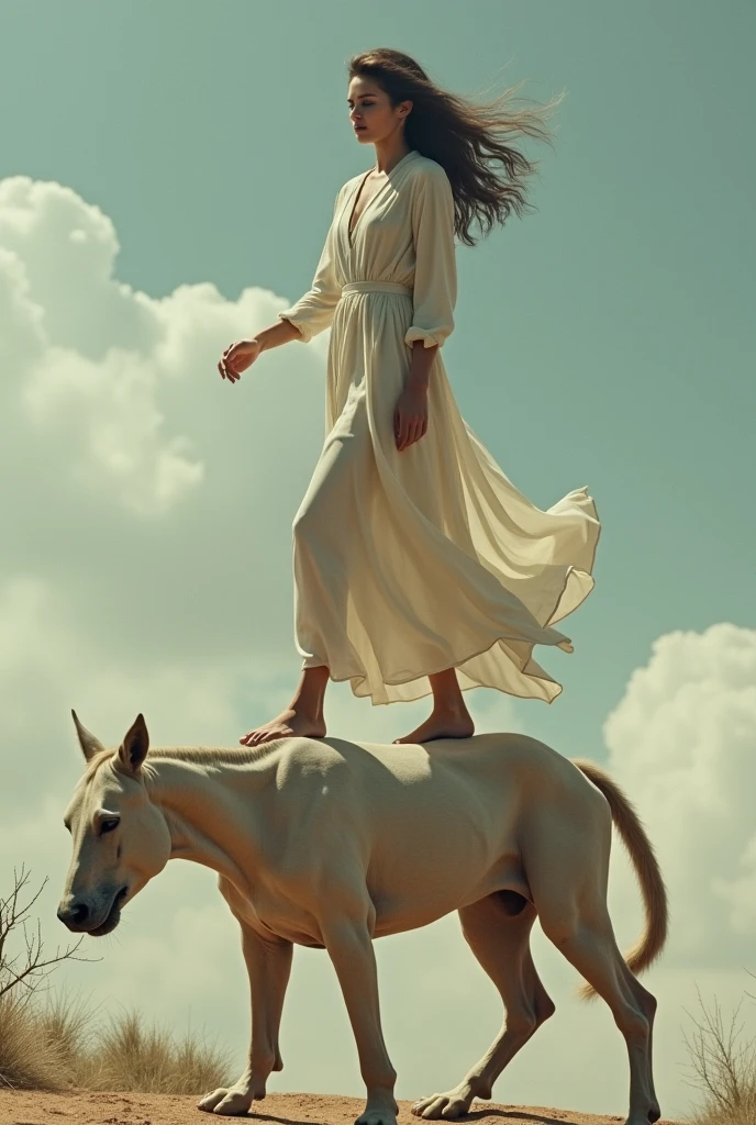 A woman Barefoot standing in an exciting way in front of an art painting, her back is bare. The painting is large, in which a wheat field horse with small flowers, the moon and the sea in an exhibition, and a white dress Add small red and yellow flowers in the wheat tattoo on the back --auto