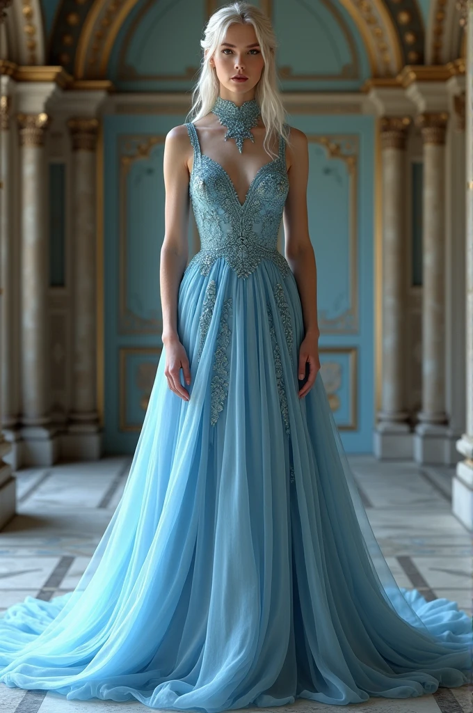 a new dress, soft blue, a little bit of bare shoulders, long sleeves that flared at the end and with some silver details. 