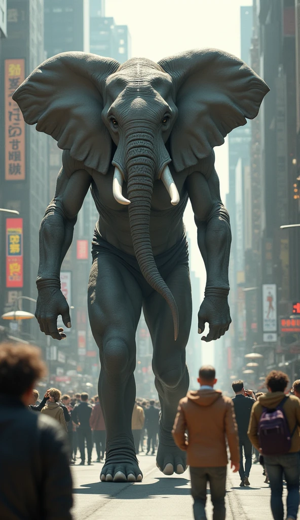 Hulk ride elephant in neon pink city around people at night