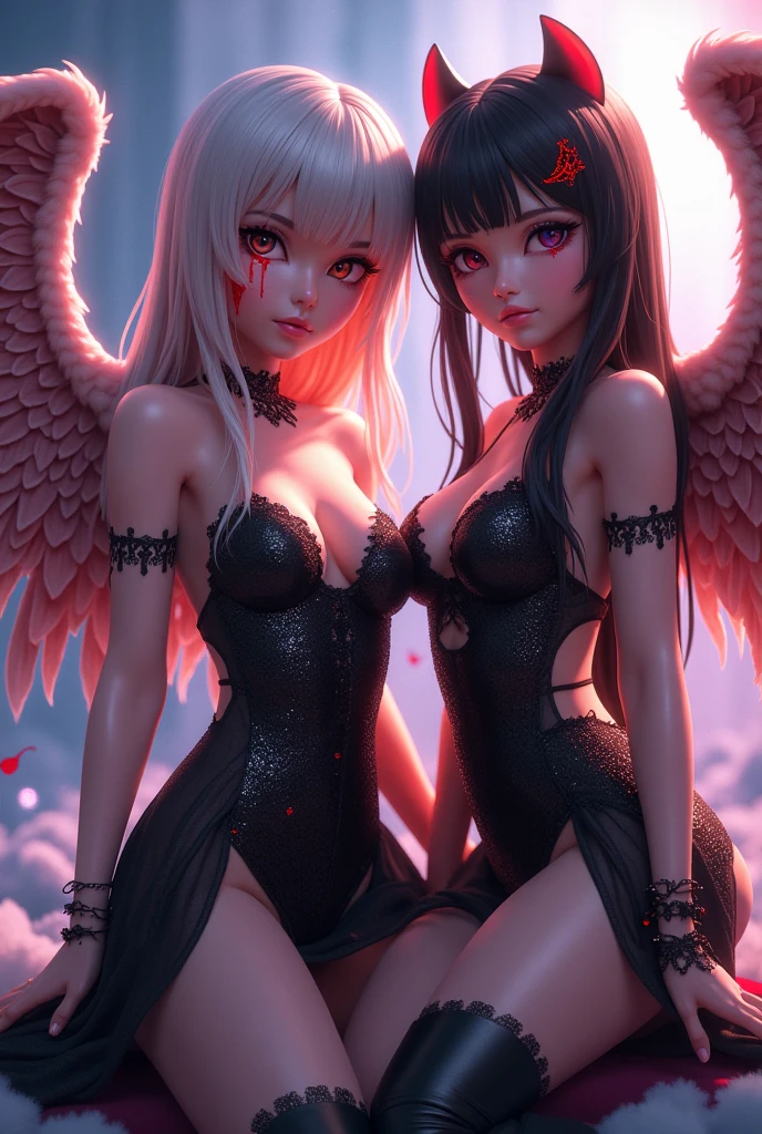 Beautiful Yin and Yang twins as Split personalities, black and white, magical symblos, rafiant, angel wings, demon Wings, radiant, ominous good, evil, fire, water, life, death, Air, earth, magical, etheral, beautiful, detailed hyperrealistic, beautiful twins, Carne Griffiths Michael Garmash, Frank Frazetta, Jean-Baptiste Monge, sharp Focus, wlop, artgerm, Victo Ngai, kuvshinov, unreal engine, pixar, TXAA, 32k, fanbox, intricate, watercolor