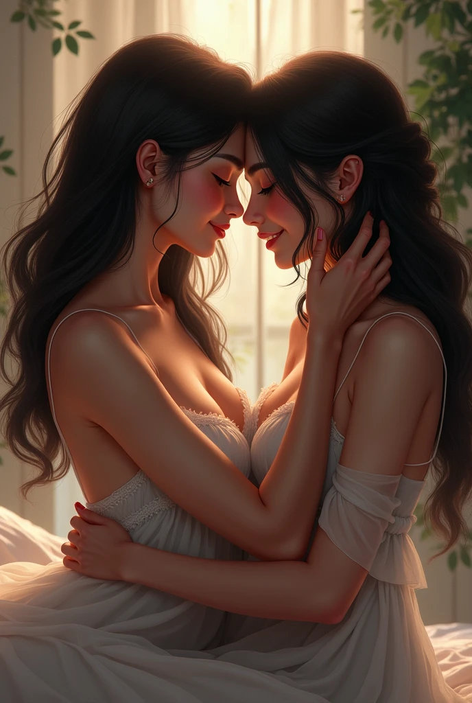 two girl kissing, see her ass,(bright lighting,romantic setting),dreamy background,bondage,dark hair, mesmerizing gaze, , soft skin, alluring beauty, artistic portrait, high-quality image, vibrant colors,translucent silk wedding dress, mosquito net,
