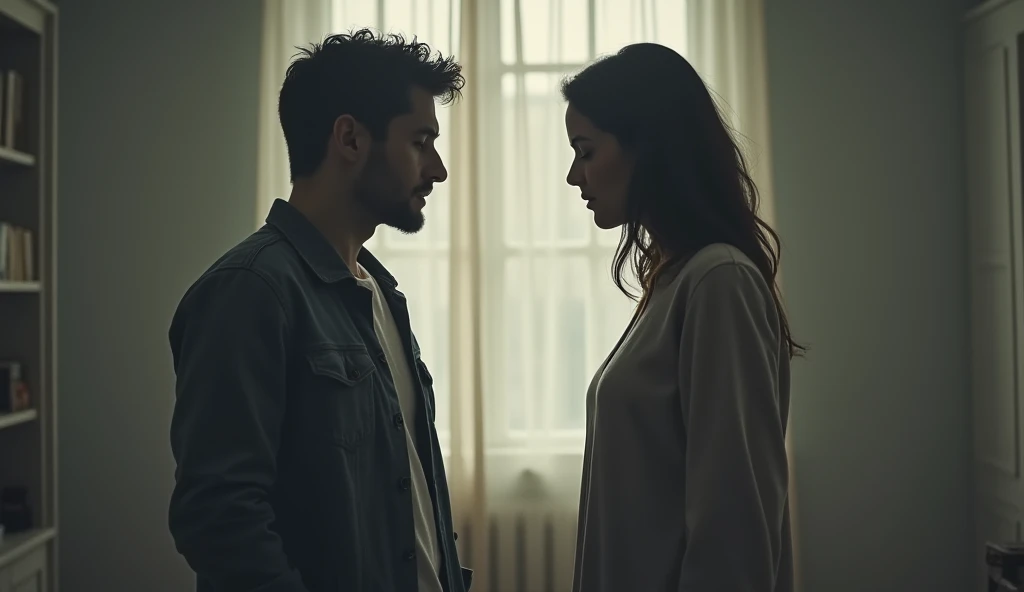 A ONE YOUNG MAN AND ONE YOUN WOMEN FACE LIKE CRYING, RED NOSE REASON COLD LOOKING STRAIGHT, MAN AND WOMEN STANDING AND SOME DISTANCE,DOCUMENTRY BACKGROUND ROOM , ONE WINDOW, SUN LIGHT IN BACKGROUND, REALISTIC DETAILS, 4K HD