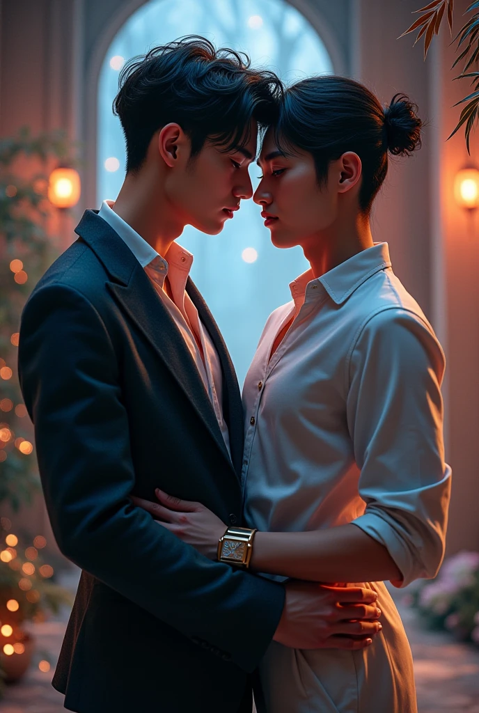 A 20-year-old Korean young lover couple wearing all-black outfits is standing upright while holding a shoe ,,in the background there is a shop on which the text name SHOPIE GORONTALO is written 