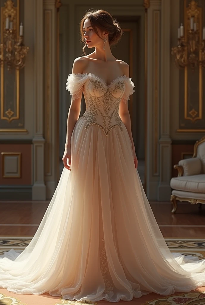 Curvy hourglass body, wearing royal gown