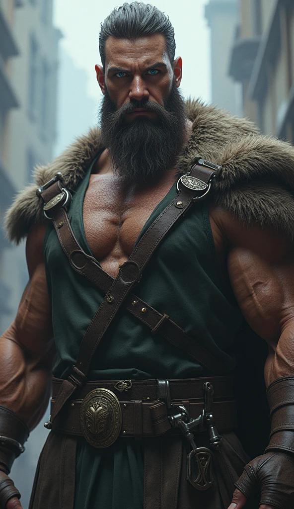 Imagine a fat, burly man ((Captain Blackbeard)) with a thick, scraggly black beard covering the lower part of his face, revealing a wide, smiling mouth and ((crooked teeth when he laughs)). His eyes, often shadowed by heavy eyebrows, retain a hint of cunning. He is draped in an iconic, ((bright red captain's coat)), left entirely ((Unbuttoned)), exposing his ((ample stomach)). Under the coat. With heavily tattooed arms and a menacing demeanor, emanating an aura of cruelty and ambition.