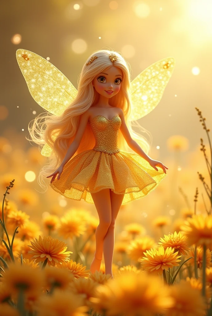 Encounter with the Golden Fairy:
Laura, the curious little girl, stands before the Golden Fairy, a fairy with bright, golden wings. The fairy is surrounded by an aura of light and holds a magic wand. Laura's and the fairy's facial expressions show surprise and delight. The setting is a flowery field with colorful flowers and tall trees in the background. --auto --s2
