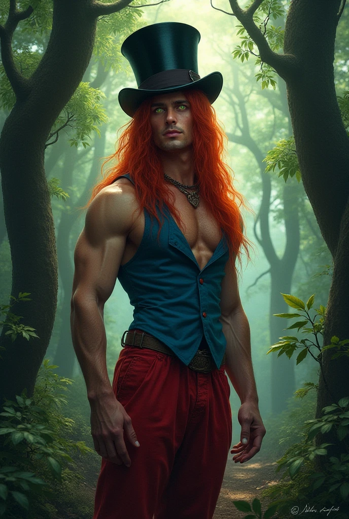 A man with a height of 2 meters, blood red hair, sharp fangs, small horn, and he resembles a handsome and polite man, with a youthful appearance