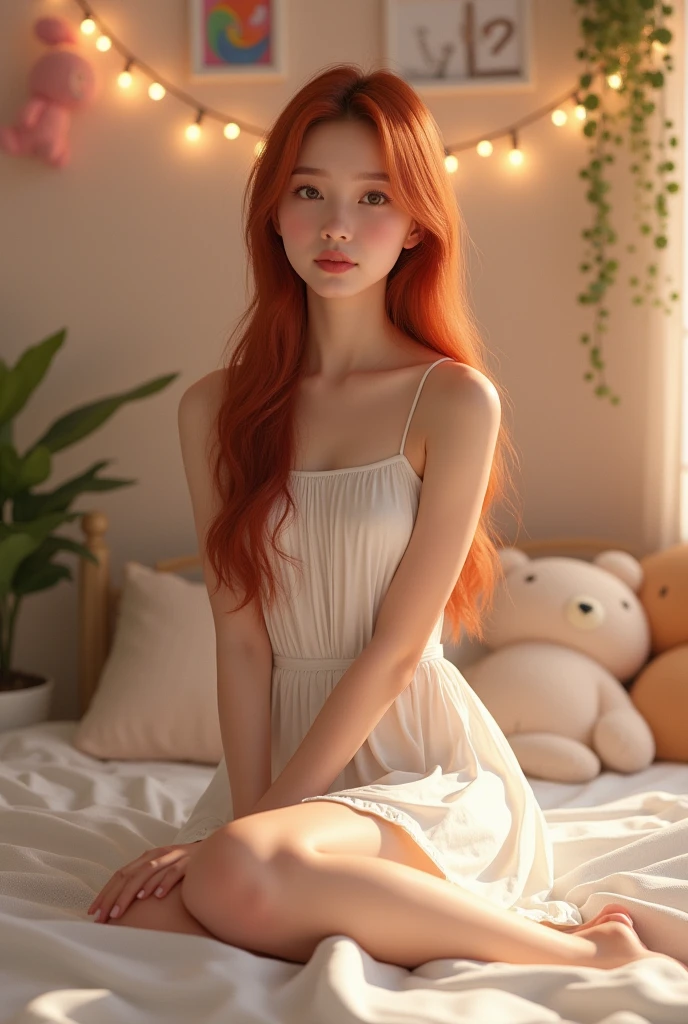 A young girl about 18 years old with curly red hair with eyes with heterochromia barefoot with beautiful feet
