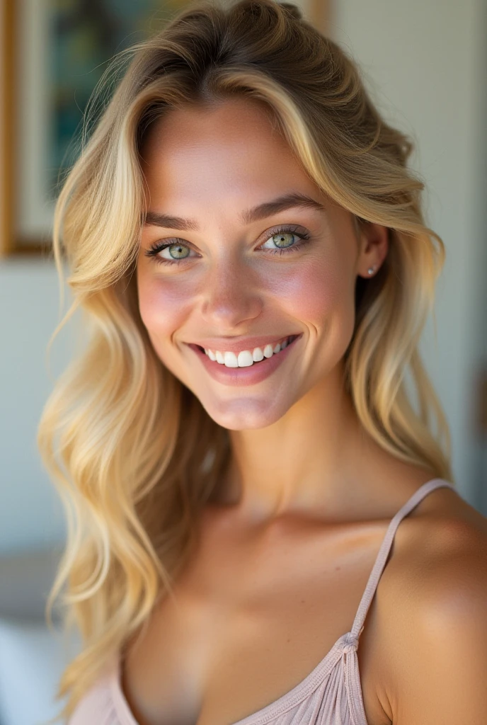 Stunningly beautiful girl. blonde. nude, looks like queen, angel and miss world beauty. Smiling. full body view.