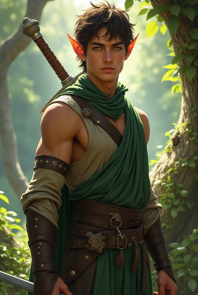 Crie um elfo jovem-adulto do genero masculino, com aspectos um tanto de arqueiro. Cabelos grande preto passando um pouco do ombros e olhos verdes. Skin color is brown. He has a bow and arrow in his hands