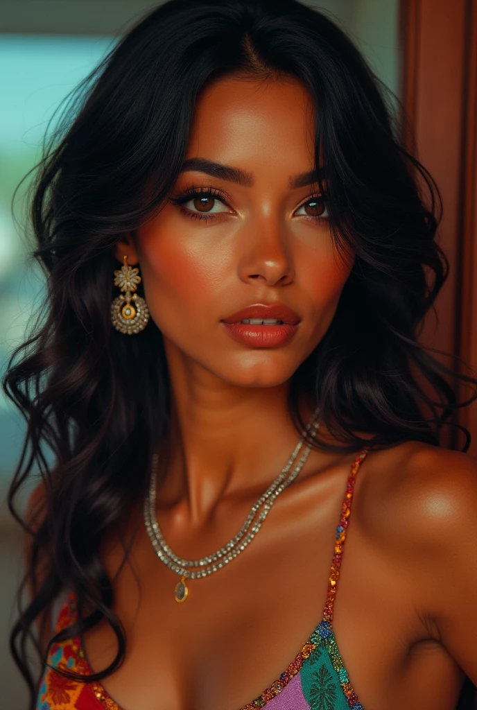 A woman, sensual, she is an adult, she has elf ears, long dark red hair falling over her shoulders, (((a woman with long dark red hair 1.7)))(((very beautiful))), perfect faces, she is in a city at night, dark and cold palette, low-cut dress on her large breasts, yellowish brown eyes, 8K, beautiful breasts, extremely detailed, (high quality, realistic, photorealistic: 1.37), ideal proportions and defined and brown skin, her skin is a brown tone, meticulously crafted features, inaccessible beauty, perfection, artistic art, vivid realism, hyper-detailed sculpting, realistic shapes, truly inspiring, impeccable craftsmanship, pure brilliance, ethereal beauty, delicate contours, striking poses, sublime beauty, subtle nuances, dynamic compositions, vibrant colors, perfect lighting, moving expressions, heavenly aura, majestic presence, dreamlike atmosphere, unmatched detailed octane rendering trend in artstation, 8k art photography, photorealistic concept art, cinematic volumetric soft natural light, chiaroscuro, award winning photography, fine art, oil on canvas, beautiful, detailed, intricate, insane