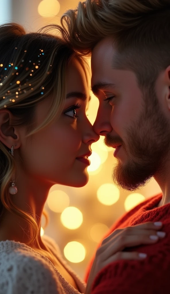 в Focusе внимания,their faces are very close,Beautiful young couple in love,We look at each other with love,beautiful girl and guy,in the background there is a New Year's mood with Christmas tree garlands,soft light, Focus,high detail,HIGH HYPER QUALITY 8K