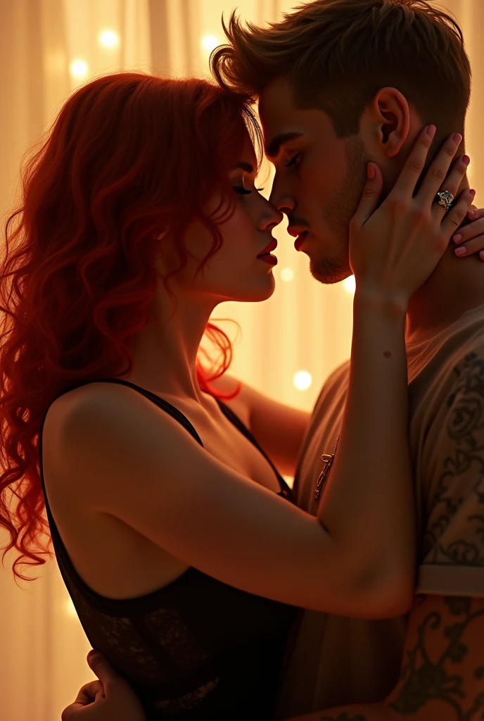 A white girl, with very short red hair, brown eyes. Spend a passionate night with a boy of medium height, black hair and very long hair. slim body build