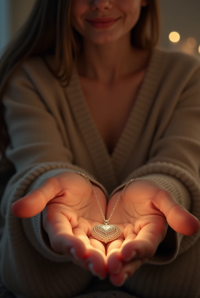 A hand holding a diamond-studded necklace and a pendant with the words: SANZ