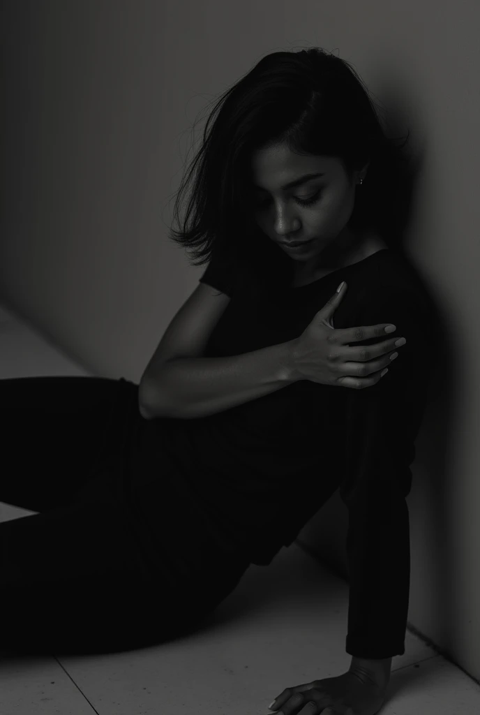 (Photography)(dynamic) Show a Malay female, hanging  in the middle of room. Wearing hijab and leggings. Blindfold. Hands tied together upwards. Crying.