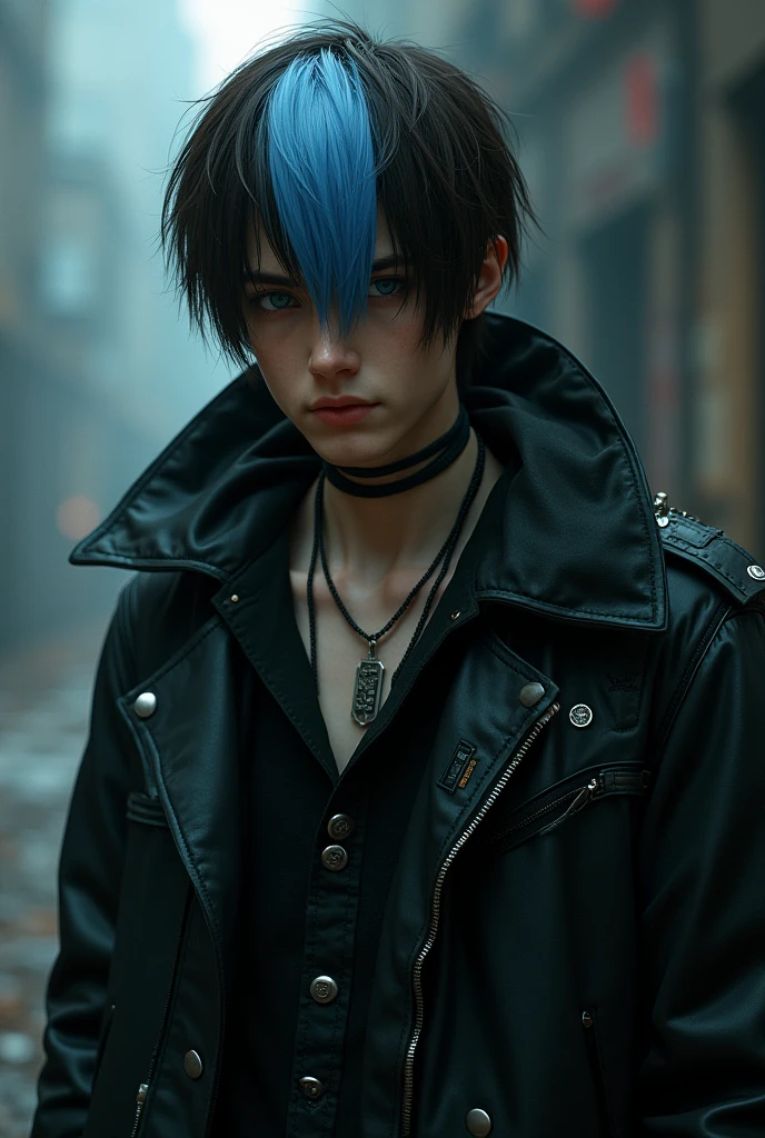 Create a man with straight brown hair with a light blue tuft in emo clothes