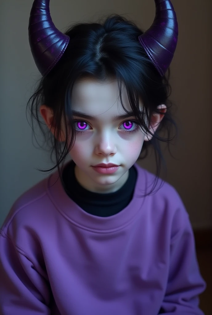 Boy with long black hair and purple eye makeup in black and purple t-shirt holding a snake