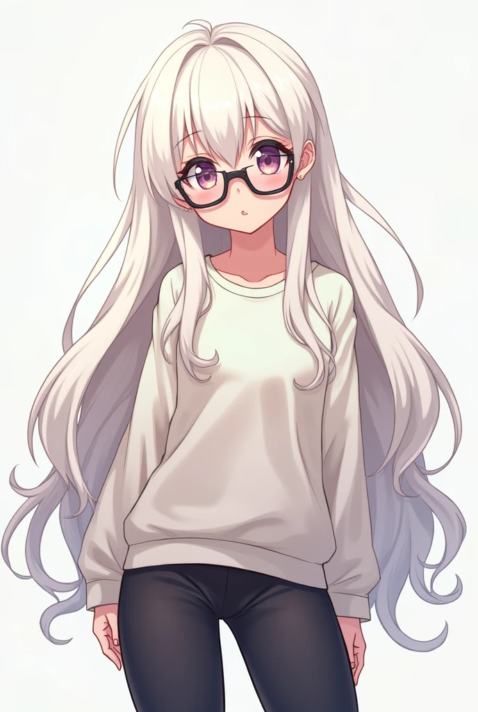 Woman with long white hair that falls on her side, plastic glasses, anime-style sweatshirt and tights