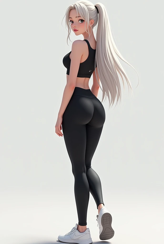 anime girl, long blonde hair, plain background, white tank top, slightly exposed midriff, tight black yoga pants, tall, hourglass figure, prominent hips, from behind, looking to the front, walking and swaying buttocks.