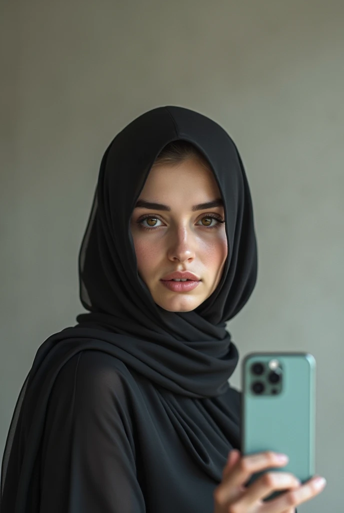 A young woman body perfect wearing a hijab and a black and white striped blouse taking a mirror selfie. She is standing in front of a round mirror with a black frame, holding her I phone with one hand while wearing a smart watch. The background shows a wooden door with vertical panels and a window with grid design. The setting has a modern and stylish vibe with a mix of textures, including the smooth black frame of the mirror, wooden surfaces, and a light-colored textured wall. The woman has a neutral expression, and the lighting is soft, creating a warm ambiance. Style Of vivid Photografy 8K Resolations