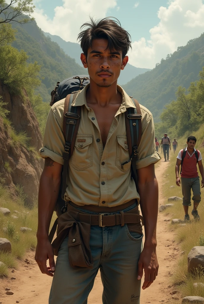 "An Indian water carrier walking along a dirt path, balancing two large pots on a wooden pole across his shoulders,