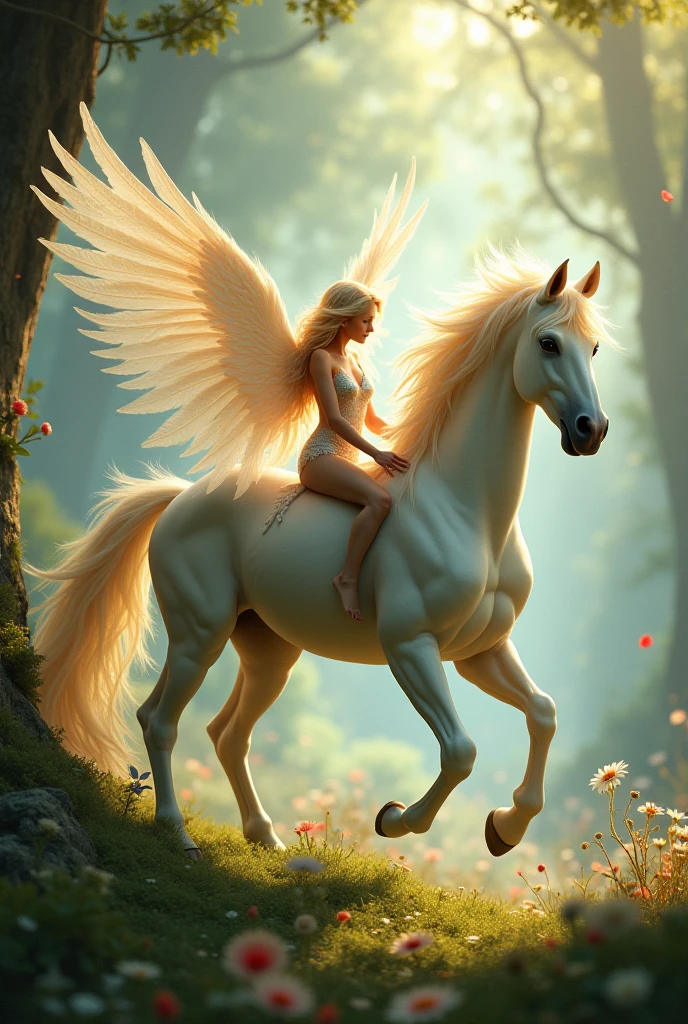 A spirited, winged horse and a naked woman 
