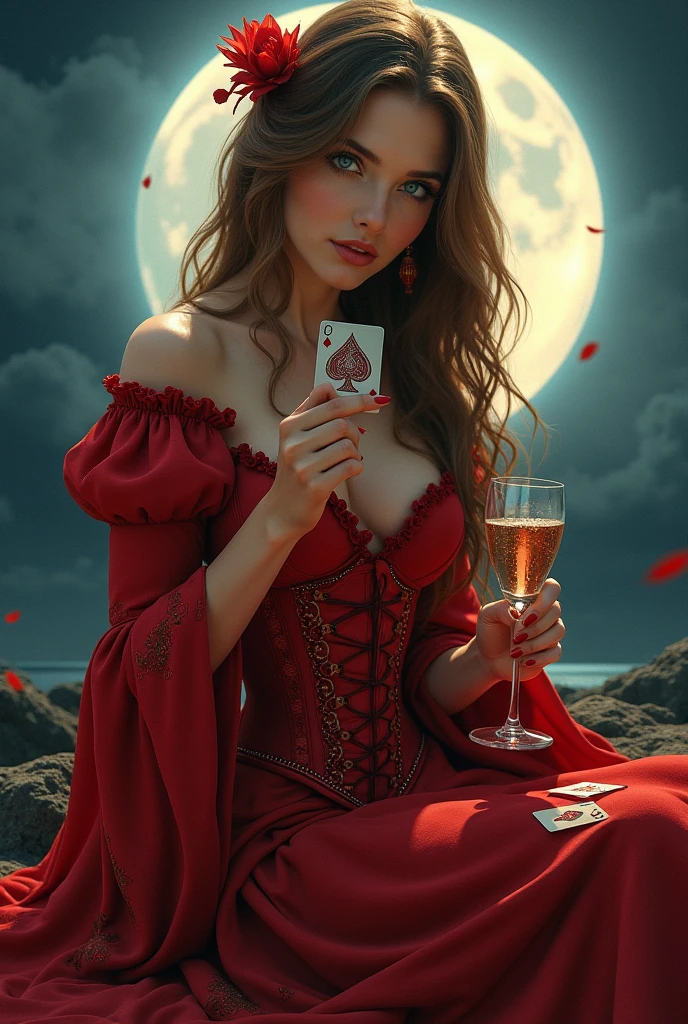 Create a gypsy with dark blonde, light blue eyes, with red corset, golden jewelry, red outfit, drinking champagne and playing cards with the moon in the background 