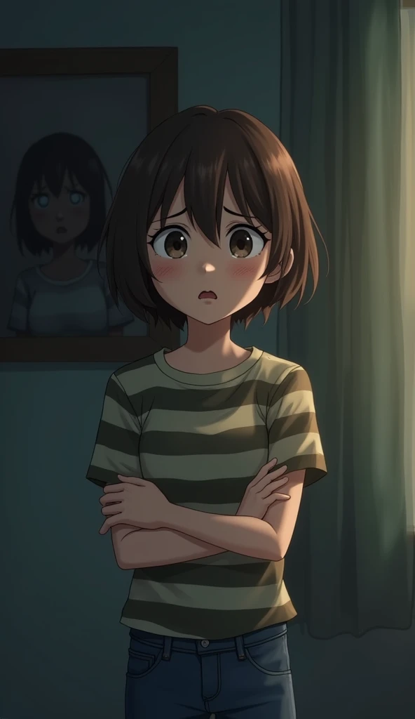 masterpiece, best quality, beautiful face, (street, upper body:1.4), anime style, (1girl in, Solo:1.0), (Haibara Ai), ((Short pants)), (((Big eyes))), (Cute anime girl head), (flat chest),looking at viewer,With a height of 100cm, shoot from front, (head shot), Simple line minimalism, Abstract Art, City background